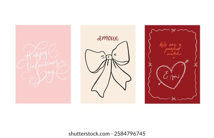 Set of three vector posters for Valentine's Day. With cute, flirty illustrations in doodle style and calligraphic inscriptions and phrases. Lettering. Pink, gray, red