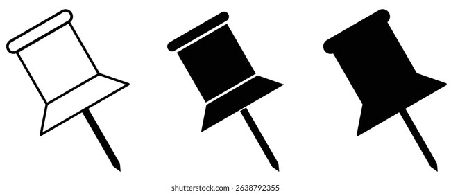 Set of three vector push pin icon, including out line, solid, and bold styles. perfect for office, stationery or UI design themes. clean and minimal graphic elements. icons and vector.