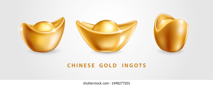 Set Of Three Vector Realistic Chinese Gold Ingots Yuan Bao Isolated On White Background. Decoration Elements For Chinese New Year Design. Symbol Of Wealth, Abundance And Monetary Luck In Feng Shu