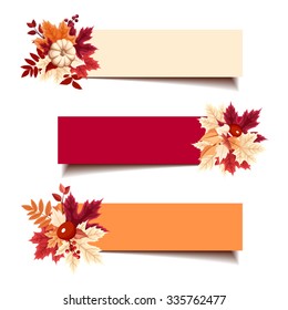 Set of three vector red, orange and beige banners with autumn leaves.