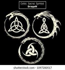 Set of three vector sacral Celtic symbols. Dragon. Magic sign. Sacred geometry. Sacred symbol of Vikings. Ancient sacral sign of Celts. Alchemy, religion, spirituality. Vector illustration.