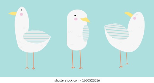 Set of three vector seagulls.Children's illustration: cute birds.