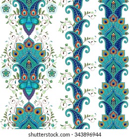 Set of three vector seamless borders. Eastern flowers with peacock feathers. 