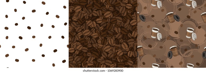 Set of three vector  seamless coffee patterns