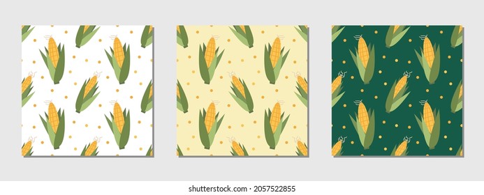 Set of three vector seamless pattern with corn cobs on a yellow background, white background and dark green background. Farmhouse Decor. Vector illustration for wrapping paper,textile.