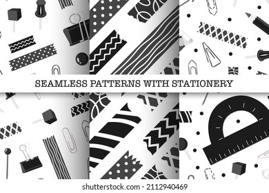 Set with three vector seamless patterns with Black and white stationery. Decor for paper, textile and school attributes. Desk accessories decorative background. Good for cover and presentation.