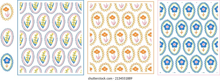 Set of three vector seamless patterns with flowers in frames. Cute floral illustration in childish style, colorful baby pattern in yellow, blue, pink and orange