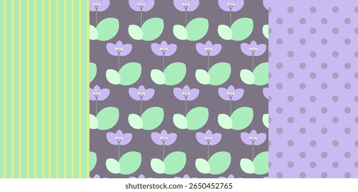 Set of three vector seamless patterns with violet flowers, stripes and polka dots. For home design, wallpaper and fabric.