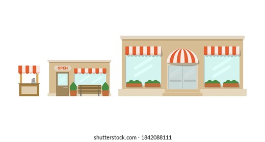 Set of three vector shops of different sizes. Can be used for illustrating of developing own small business. Isolated on white background.