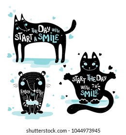 Set of three vector silhouettes of animal  with inspirational quotes. Funny children's print dog, cat and mouse.