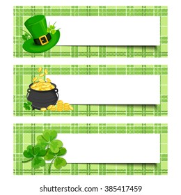 Set of three vector St. Patrick's day banners with shamrock, pot of gold and leprechaun hat on a tartan background.