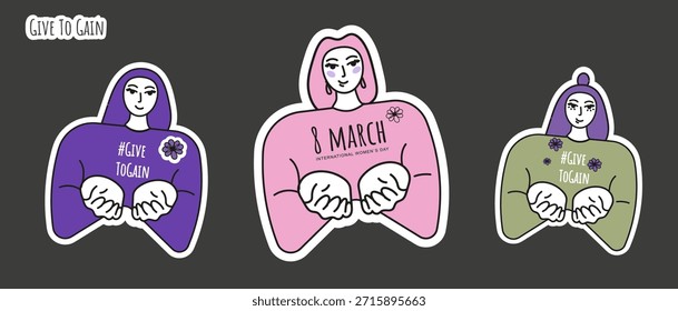 Un conjunto de tres pegatinas de Vector: mujeres con la etiqueta #GIVETOGAIN y mensajes para el 8 de marzo. Perfecto para campañas, activismo, redes sociales y promoción de la igualdad de género.