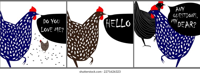 set of three vector stylized chickens on a white isolated background with funny inscriptions