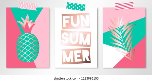 Set of three vector summer cards with rose gold shapes on cut backgrounds and tapes on top. All isolated and layered