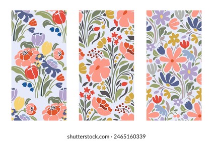 Set of three vector summer seamless patterns assembled from natural elements, flowers, leaves. Vector endless background in modern trendy style.