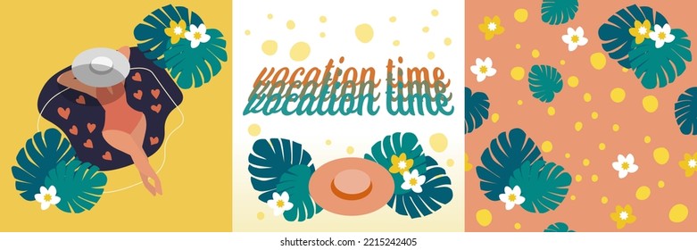 Set of three vector summer time illustration. Card with pin up pretty girl relaxing beach. Vocation time vibe.Cartoon characters in flat style.Vector top view. Card and summer floral seamless pattern.