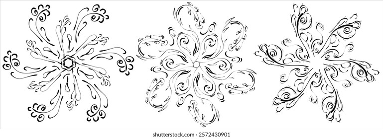 Set of three vector swirl decorative black floral pattern on white background. Label, wedding frame template