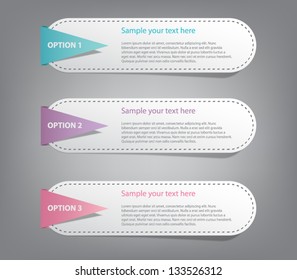 Set of three vector tags / banners with seams for infographics, business design, step presentation, progress design, number options, reports or workflow layout. Clean and modern style