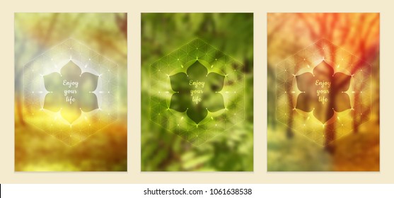 Set of three vector template for card or poster, vertical format; Spiritual sacred geometry; "Flower of life" and lotus on psychedelic natural blurred background; Yoga, meditation and relax.