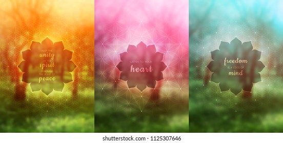 Set of three vector template for card or poster with inspirational phrase, vertical format; Spiritual sacred geometry; "Flower of life" and lotus on blurred background; Yoga, meditation and relax.