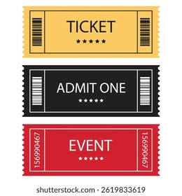 Set of three vector ticket with barcode and number isolated on white background. Admit one, Event ticket for cinema, movie, circus, carnival, film, festival, etc. Vector illustration.