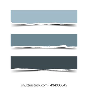 Set of three vector torn paper banners. Color ripped pieces of paper isolated on white background.