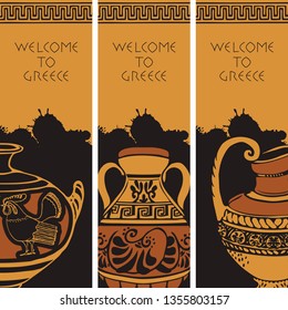 Set of three vector travel banners on the theme of Ancient Greece with Greek antique amphorae and inscriptions Welcome to Greece in black and orange colors.