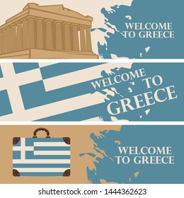 Set of three vector travel banners with the words Welcome to Greece, with the Greek flag and the Athenian Acropolis