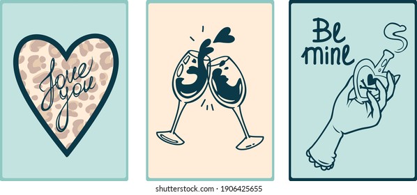 set of three vector valentines in mint tones with a leopard heart, love potions and glasses of wine

