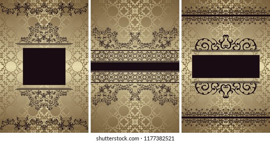 Set of three vector vintage cards with a beautiful baroque patterns, frames and golden seamless background. Can be used for wedding invitation    