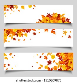 Set of three vector web banners with colorful autumn leaves.