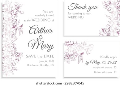 Set of three vector wedding invitation templates with pastel colored apple bloom on white background