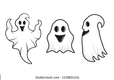 Set of three vector white ghosts isolated on a white background. Halloween characters.