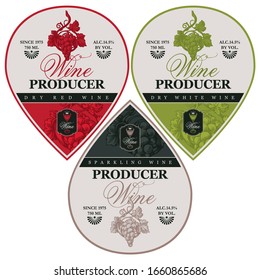 Set of three vector wine labels in the shape of a drop. Collection of modern labels with hand-drawn bunch of grapes and calligraphic inscription.