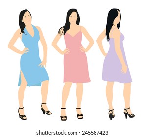 Set of three vector women characters. Young woman in a summer dress