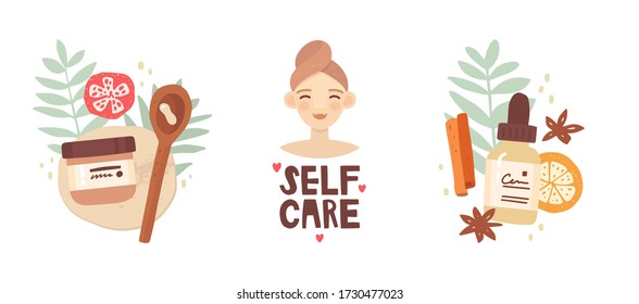 A set of three vector works. Cosmetic packaging, fruits and leaves of tropical plants. Serum, cream, skin care products. Girl with a towel on her head and handwritten lettering self care. Print design