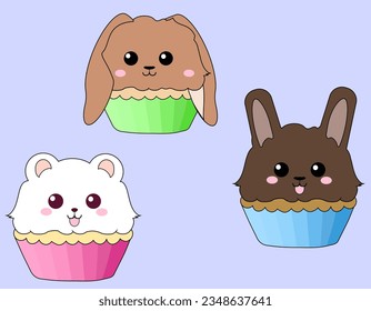 Set von drei Vektorgrafiken, sonnig, Welpen, Hamster süße Cupcakes. Bearbeitbar.