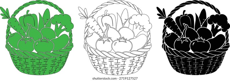Conjunto de três ilustrações de cesta de legumes verde preenchido esboço desenho e silhueta preta sólida representando a produção agrícola comendo saudável alimentos orgânicos e colheita sazonal para projetos de design.