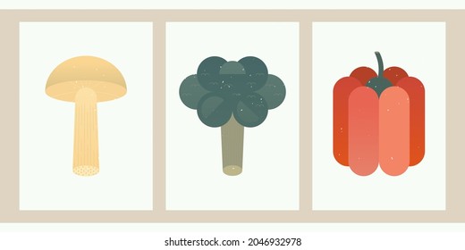 Set of three vegetable illustrations. Geometric balance posters with culinary ingredients. Vegan and vegetarian décor for home, kitchen, advertising. Backgrounds with mushroom, broccoli, bell pepper.