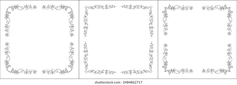 Set of three vegetal elegant black and white ornamental frames with leaves, decorative border, corners for greeting cards, banners, business cards, invitations, menus. Isolated vector illustration.	