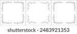 Set of three vegetal vector frames with butterflies and leaves. Black and white. Vector frame for all sizes and formats. Isolated vector illustration.	