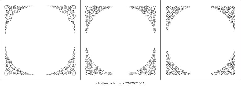 Set of three vegetal vector frames. Elegant black and white monochrome ornamental border for greeting cards, banners, invitations. Vector frame for all sizes and formats. Isolated vector illustration.