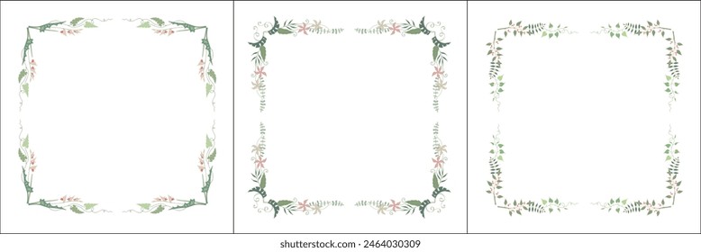 Set of three vegetal vector frames with tropical leaves and flowers. Vector frame for all sizes and formats. Isolated vector illustration.