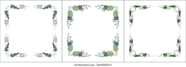 Set of three vegetal vector frames with tropical leaves . Vector frame for all sizes and formats. Isolated vector illustration.