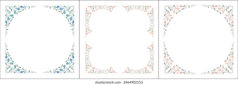 Set of three vegetal vector frames with magnolia leaves and flowers. Vector frame for all sizes and formats. Isolated vector illustration.