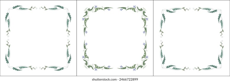 Set of three vegetal vector frames with tropical leaves and blue flowers. Square frames. Vector frame for all sizes and formats. Isolated vector illustration.