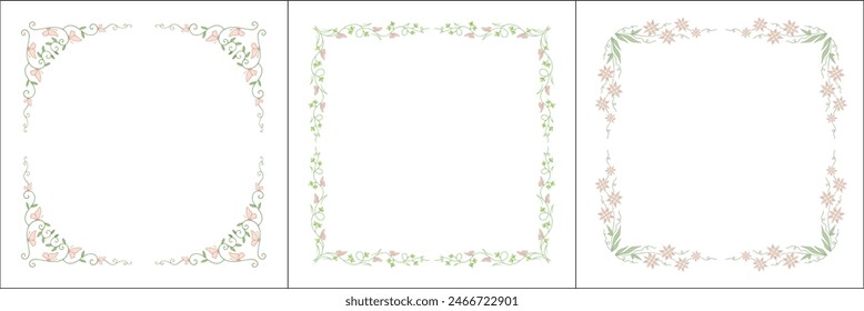 Set of three vegetal vector frames with pink flowers. Square frames. Vector frame for all sizes and formats. Isolated vector illustration.