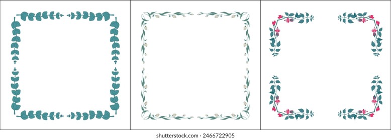 Set of three vegetal vector frames with leaves and flowers. Square frames. Vector frame for all sizes and formats. Isolated vector illustration.