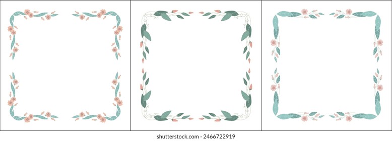 Set of three vegetal vector frames with pink flowers. Square frames. Vector frame for all sizes and formats. Isolated vector illustration.