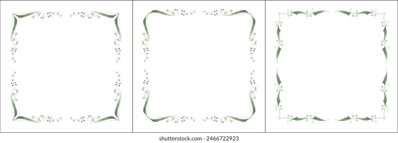 Set of three vegetal vector frames with tiny flowers. Square frames. Vector frame for all sizes and formats. Isolated vector illustration.